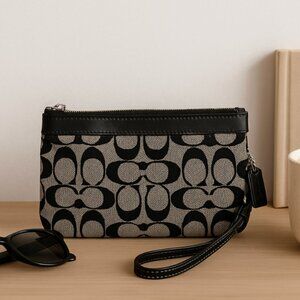 Coach Signature Black & Gray Wristlet – Small Zip Pouch